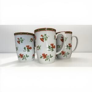 Set Of 3 Fitz and Floyd Coral Damask Porcelain Coffee Or Tea Mugs Cups